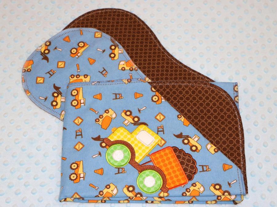Applique Construction Dump Truck Blue Flannel Blanket w/(2) Burp Cloths Kit