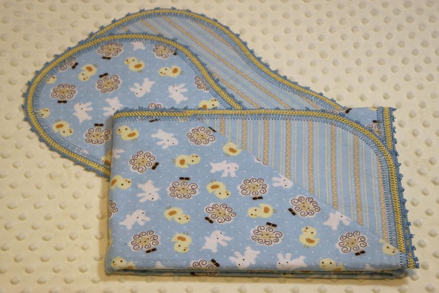 Baby Animals Blue Finished Crochet Edge Flannel Blanket w/(2) Burp Cloths Gift Set