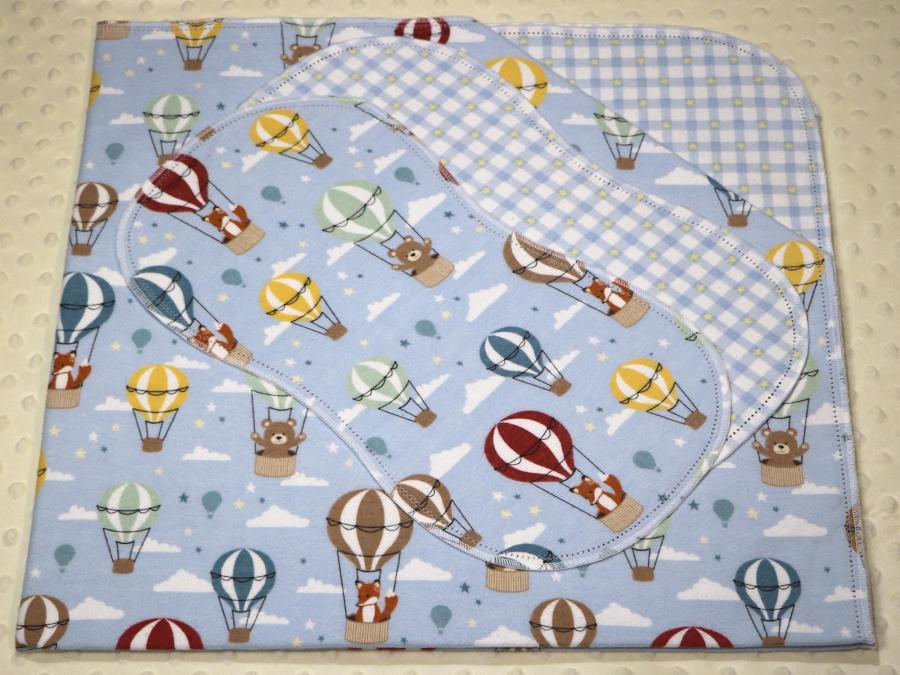Baby Animals Flying High Hemstitched Flannel Blanket w/(2) Burp Cloths Kit