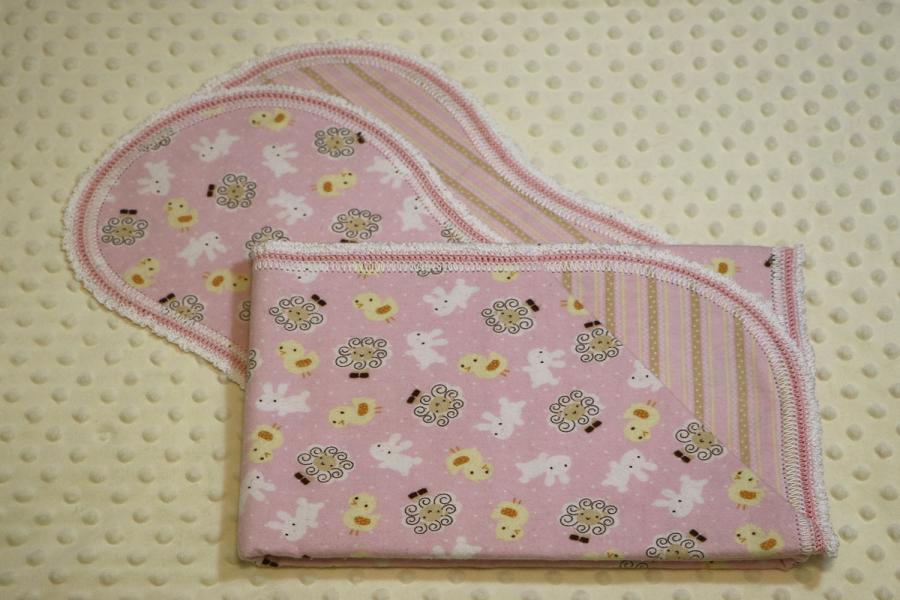 Baby Animals Pink Finished Crochet Edge Flannel Blanket w/(2) Burp Cloths Gift Set