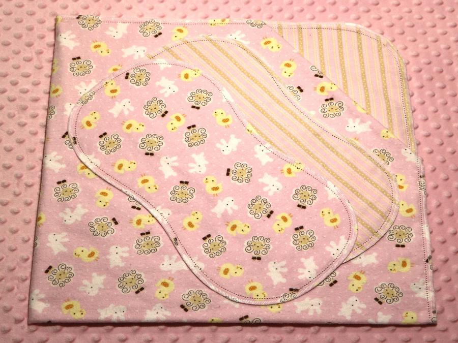 Baby Animals Pink Toss Hemstitched Flannel Blanket w/(2) Burp Cloths Kit