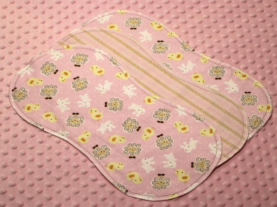 Baby Animals Pink Toss Hemstitched Flannel (3) Piece Burp Cloths Kit