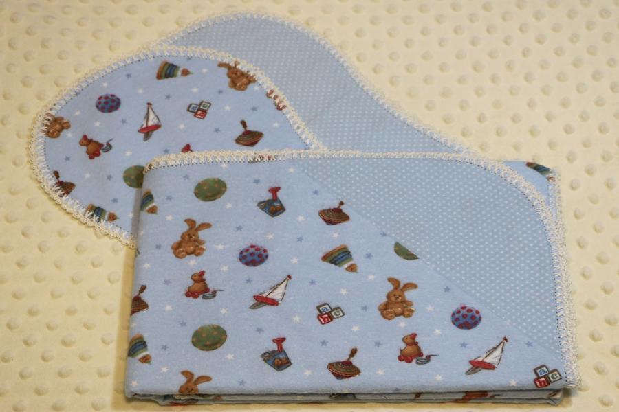Baby Boy Toy Toss Finished Crochet Edge Flannel Blanket w/(2) Burp Cloths Gift Set