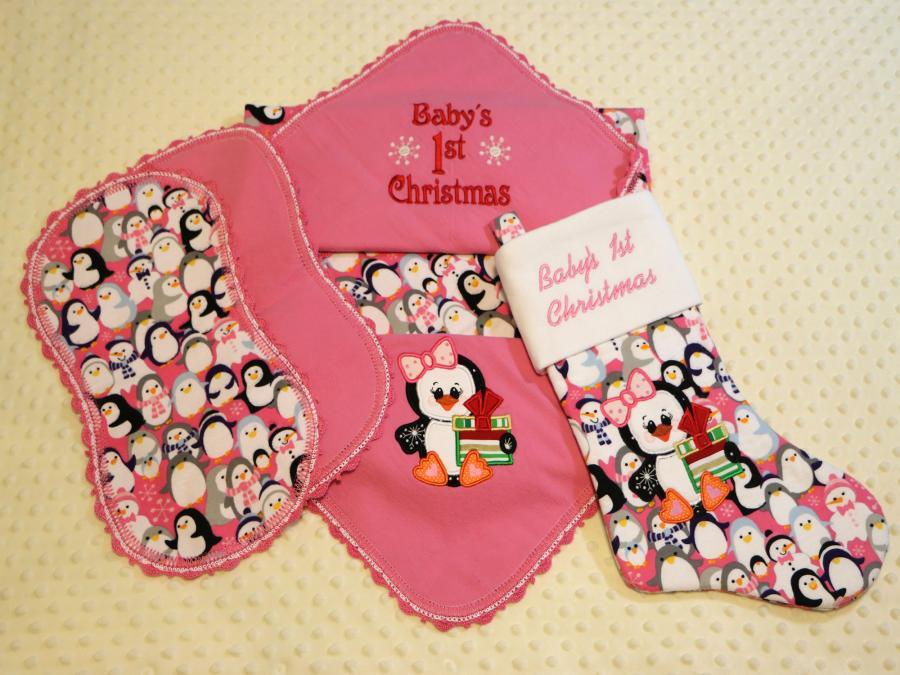 Baby's First Christmas Penguins Flannel Blanket w/(2) Burp Cloths, and Xmas Stocking Gift Set