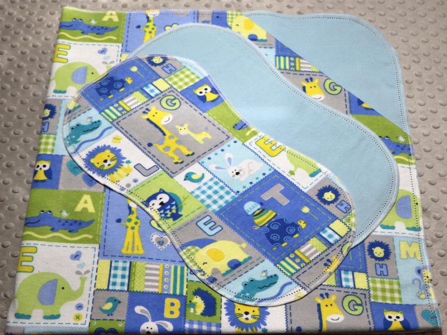 B Is For Bunny Blue Hemstitched Flannel Blanket w/(2) Burp Cloths Kit