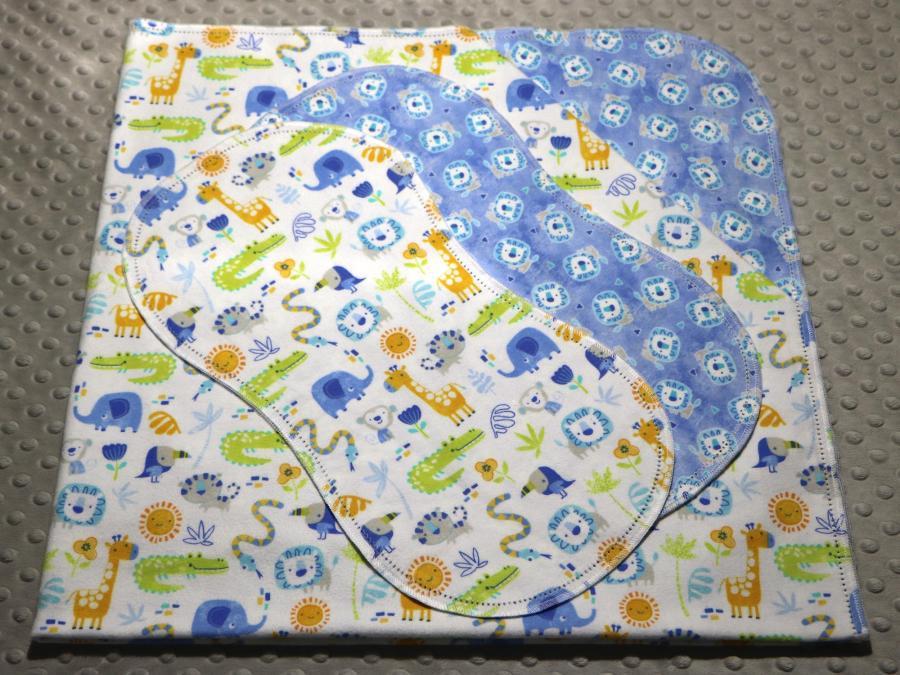 Chalk Baby Animals Blue Hemstitched Flannel Blanket w/(2) Burp Cloths Kit