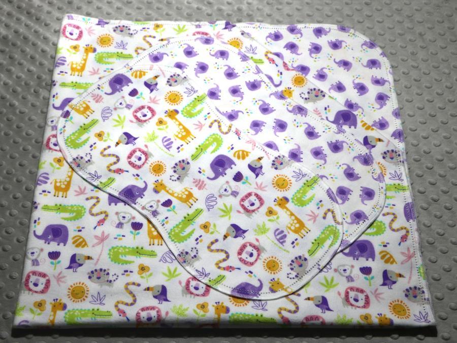 Chalk Baby Animals Purple Hemstitched Flannel Blanket w/(2) Burp Cloths Kit