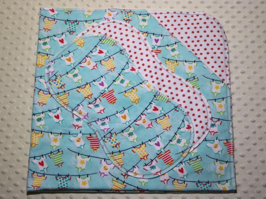 Clothesline Onesies with Coral Dots Hemstitched Flannel Blanket w/(2) Burp Cloths Kit
