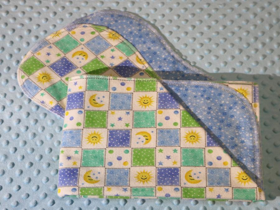Celestial Nursery Blocks Blue Hemstitched Flannel Blanket w/(2) Burp Cloths Kit