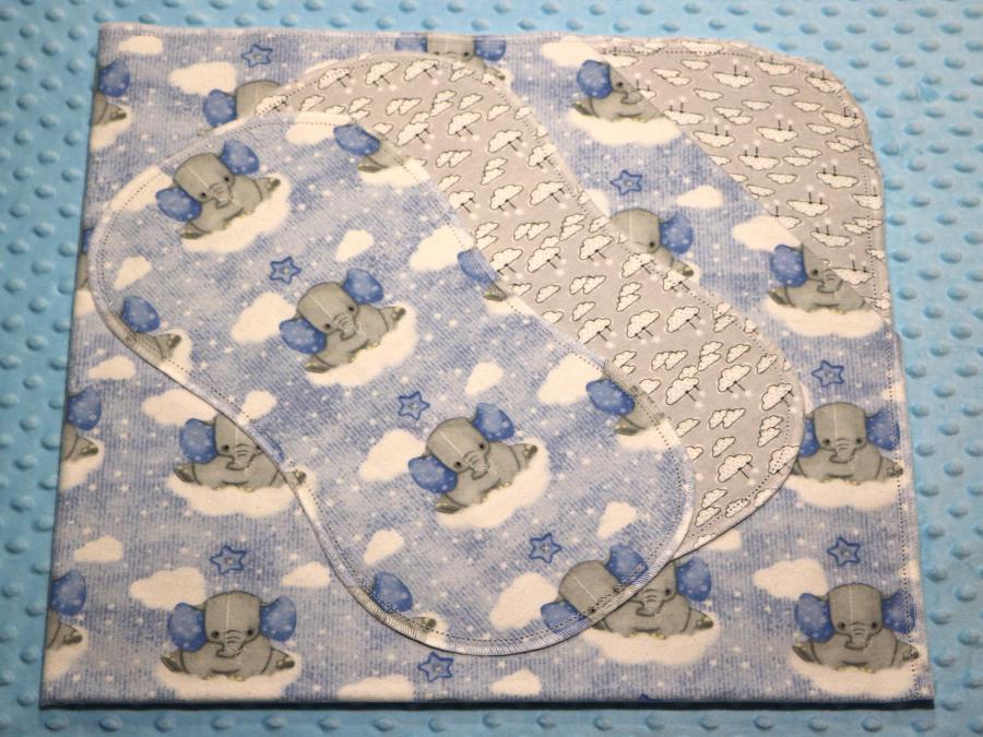 Dreamy Elephants Blue Hemstitched Flannel Blanket w/(2) Burp Cloths Kit
