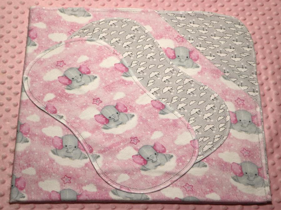 Dreamy Elephants Pink Hemstitched Flannel Blanket w/(2) Burp Cloths Kit
