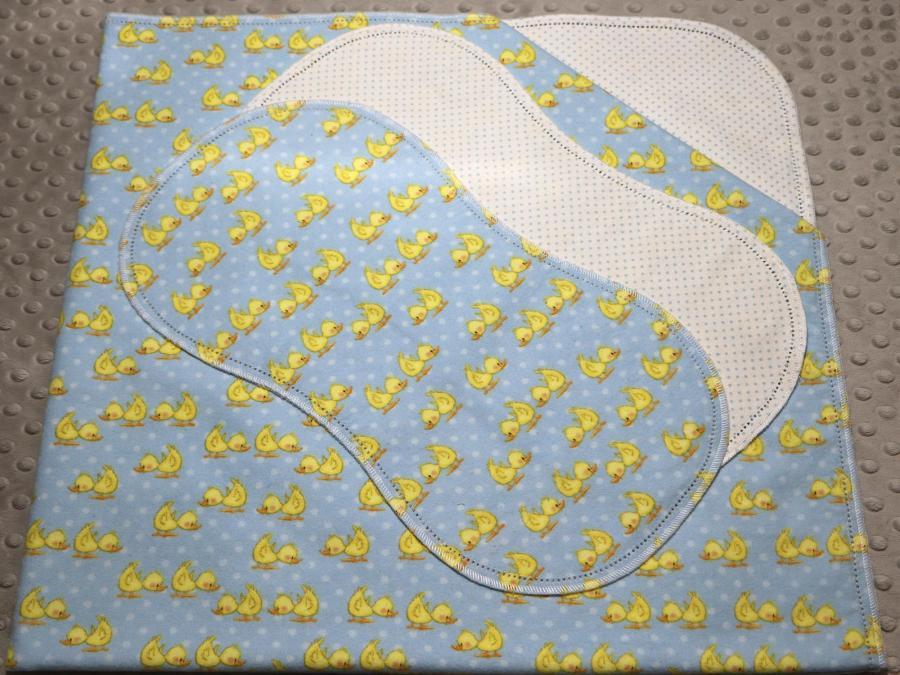Ducks Go Waddle Waddle Blue Hemstitched Flannel Blanket w/(2) Burp Cloths Kit