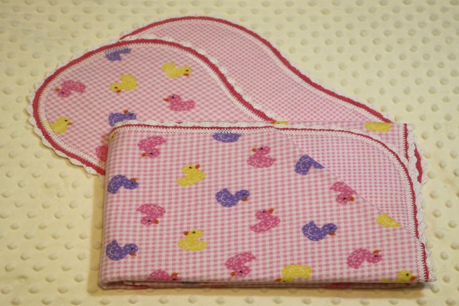 Ducks On Gingham Pink Finished Crochet Edge Flannel Blanket w/(2) Burp Cloths Gift Set