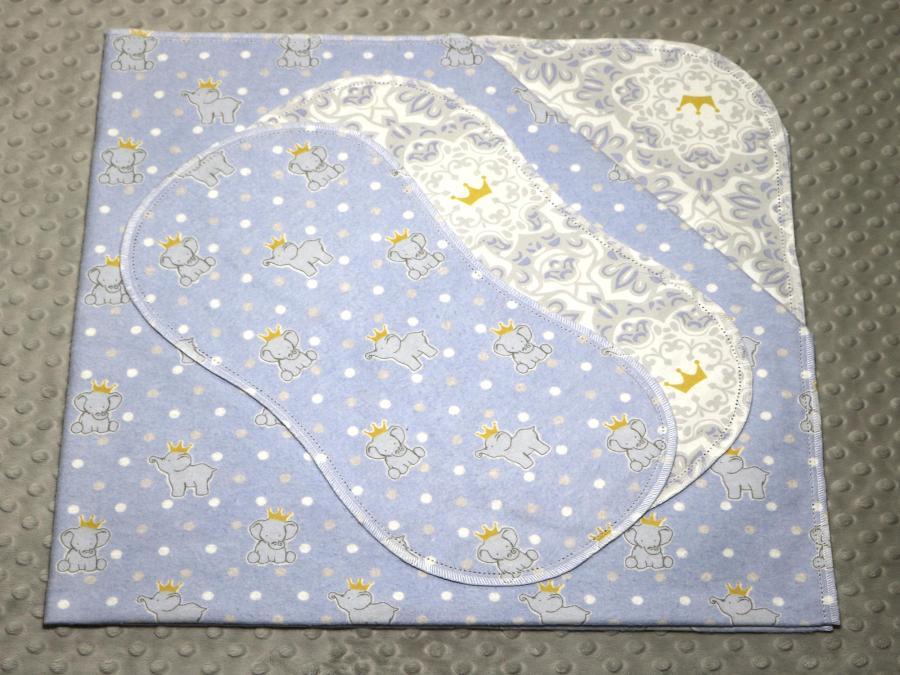 Elephants And Dots Blue Hemstitched Cotton/Flannel Baby Blanket and (2) Burp Cloths Kit