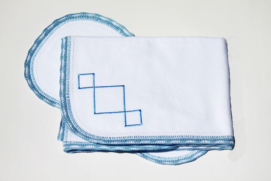 Embroidered Flannel Blessing Blanket and Burp Cloth Blue w/Crochet Edging Gift Set