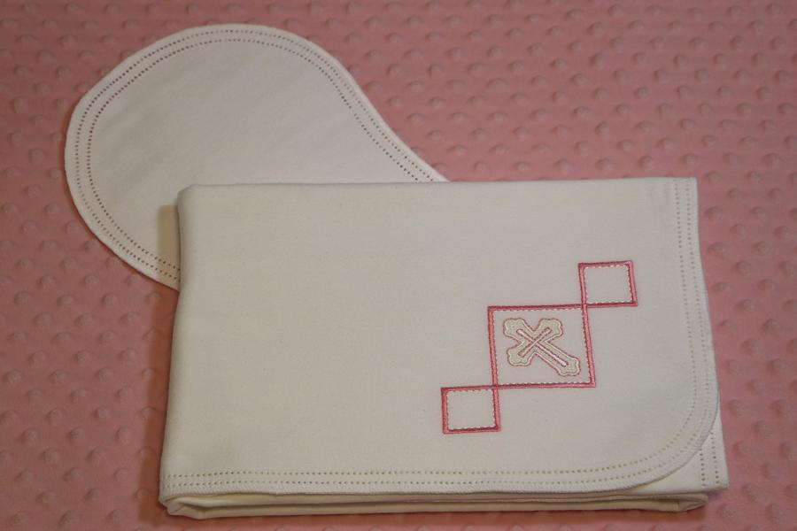 Hemstitched Embroidered Cross Blesssing Blanket Pink (Double Layer) W/Burp Cloth Kit-