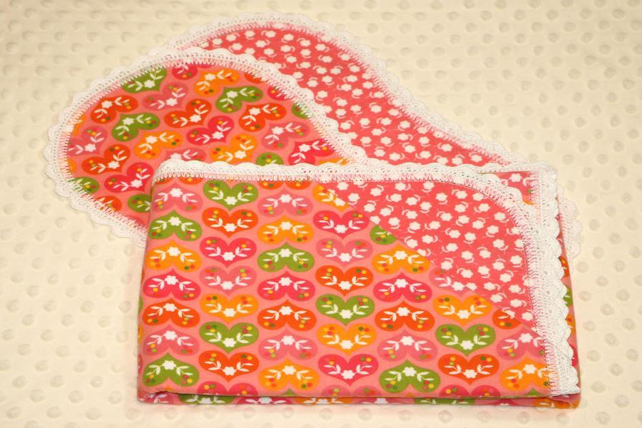 Emma Hearts And Flowers Finished Crochet Edge Flannel Blanket w/(2) Burp Cloths Gift Set