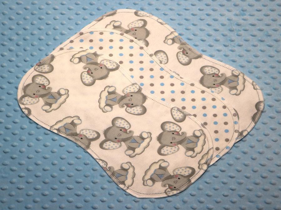 Elephants On Clouds And Dots Hemstitched Flannel (3) Piece Burp Cloths Kit