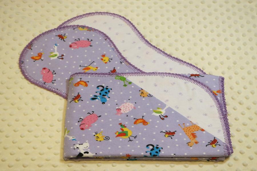 Farm Animals Lavender Finished Crochet Edge Flannel Blanket w/(2) Burp Cloths Gift Set