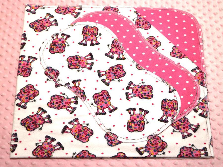 Funky Elephants Hemstitched Flannel Blanket w/(2) Burp Cloths Kit
