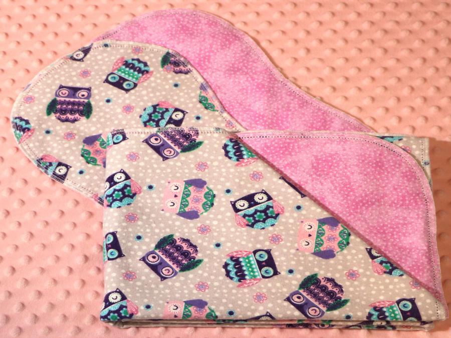 Fancy Owls Hemstitched Flannel Blanket w/(2) Burp Cloths Kit