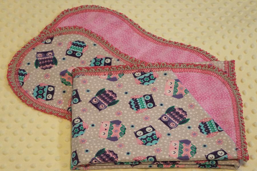 Fancy Owls Finished Crochet Edge Flannel Blanket w/(2) Burp Cloths Gift Set