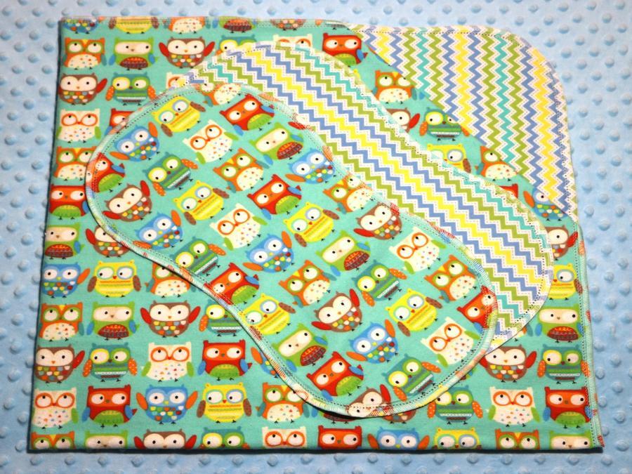 Fun Owls Aqua Hemstitched Flannel Blanket w/(2) Burp Cloths Kit