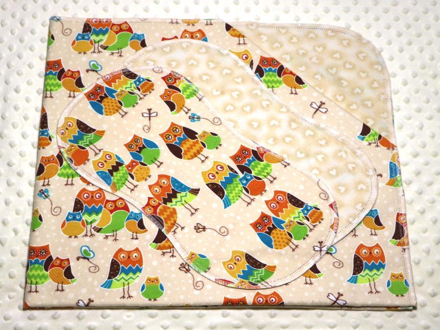 Family Owls II Hemstitched Flannel Blanket w/(2) Burp Cloths Kit