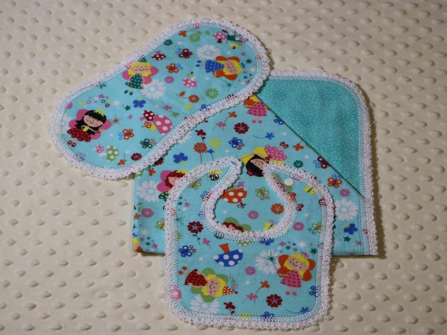 Fairy Tyme Aqua w/White Doll Blanket, Bib & Burp Cloth Gift Set