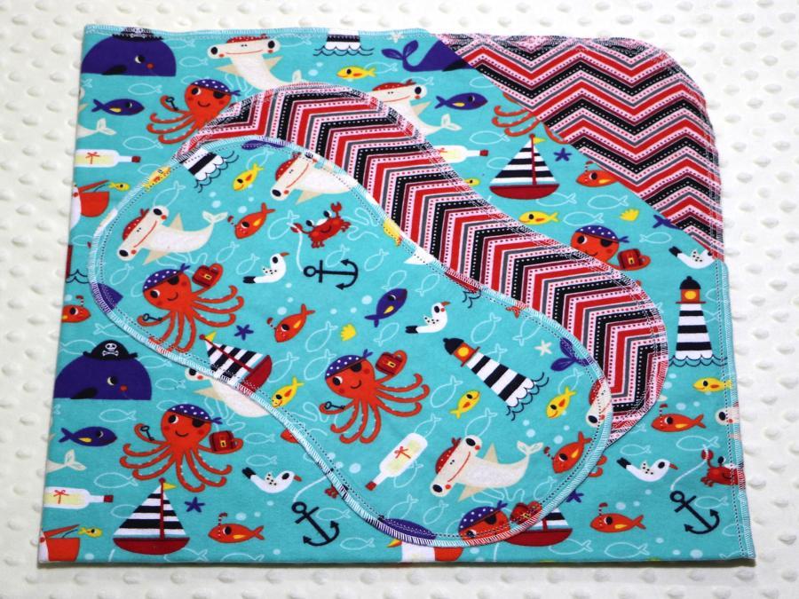 It's A Sea Life Hemstitched Flannel Blanket w/(2) Burp Cloths Kit