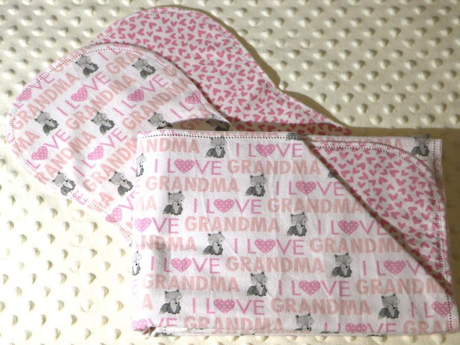 I Love Grandma Fox Hemstitched Flannel Blanket w/(2) Burp Cloths Kit