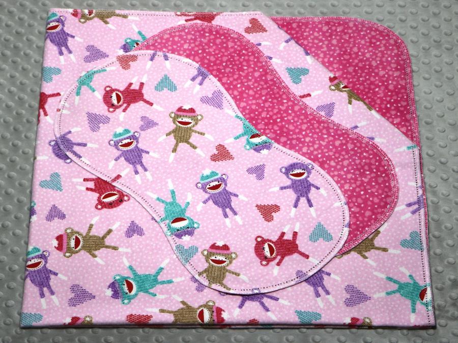I Love Sock Monkeys Pink Hemstitched Flannel Blanket w/(2) Burp Cloths Kit
