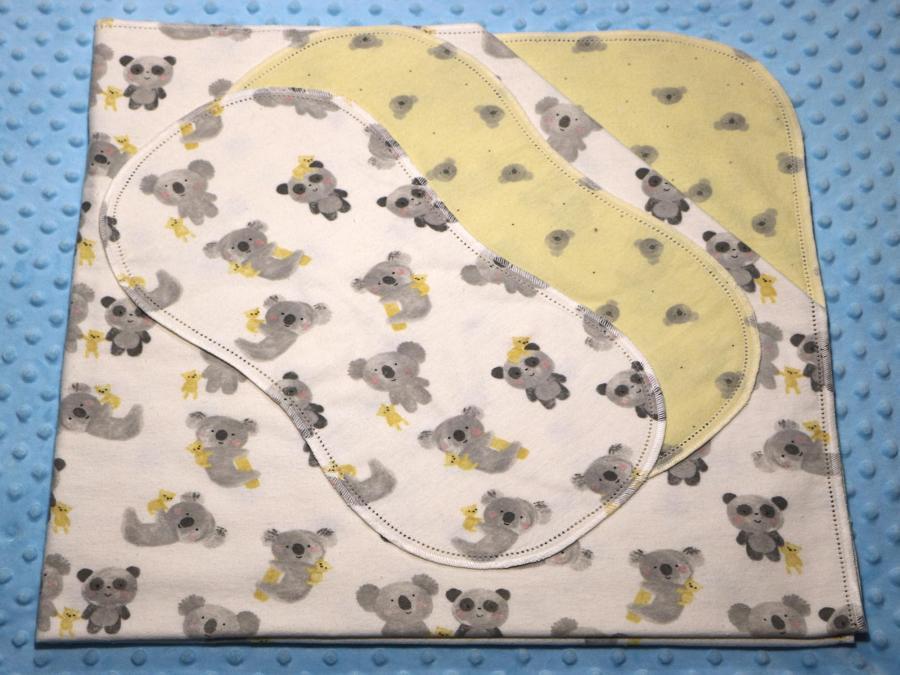 Koala And Panda Bears Hemstitched Flannel Blanket w/(2) Burp Cloths Kit