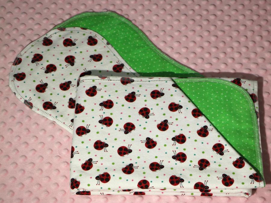Ladybugs All Over Hemstitched Flannel Blanket w/(2) Burp Cloths Kit