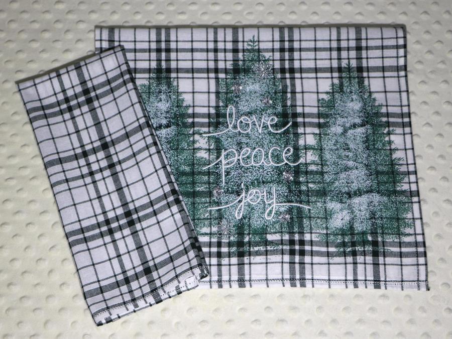 Christmas Love Peace Joy Trees Hemstitched 2 Piece Tea Towel Kit