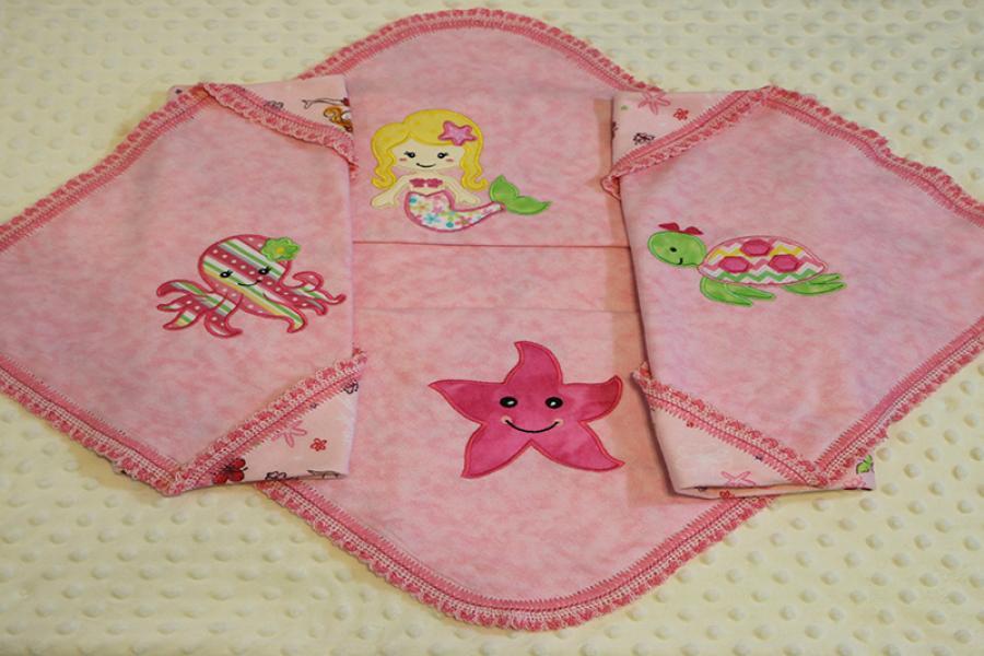 Applique Mermaid And Sea Friends Flannel Blanket w/(2) Burp Cloths Gift Set