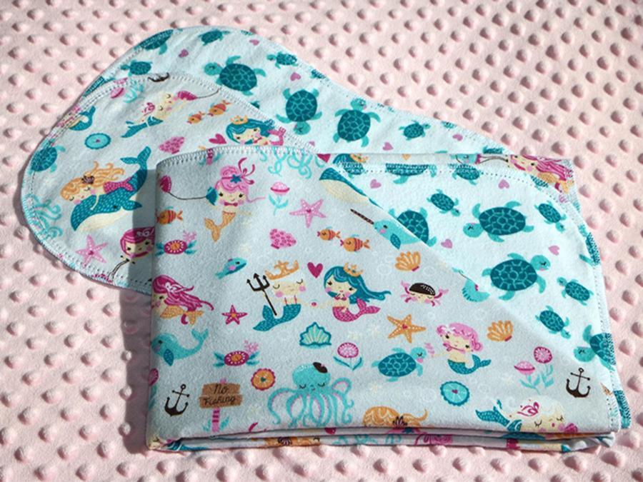Mermaids And Sea Turtles Hemstitched Flannel Blanket w/(2) Burp Cloths Kit