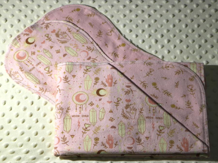 Moon Child Pink Hemstitched Flannel Blanket w/(2) Burp Cloths Kit