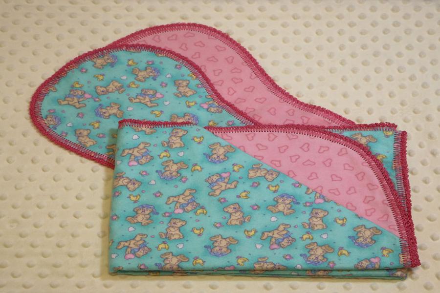 My Loveable Teddy Bears Pink Finished Crochet Edge Flannel Blanket w/(2) Burp Cloths Gift Set