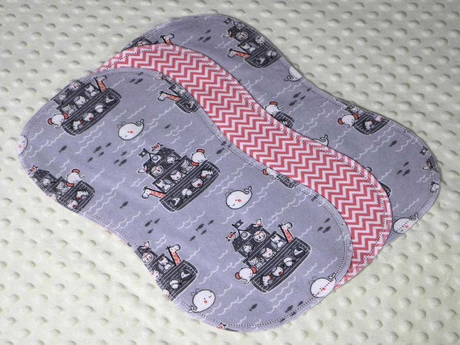 Noah's Ark Coral Chevron Hemstitched Flannel (3) Piece Burp Cloths Kit
