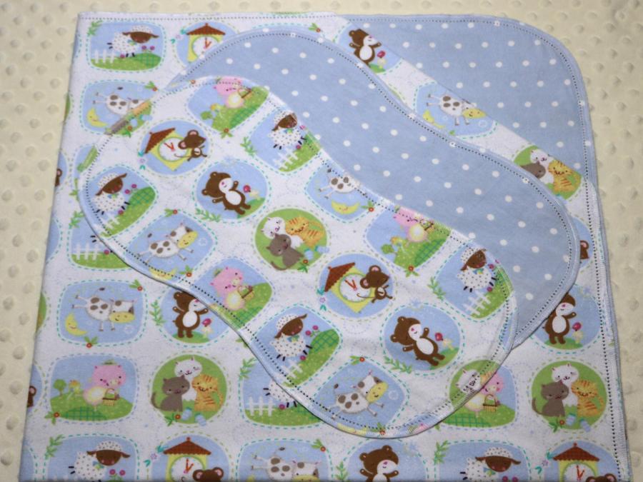 Nursery Rhyme Blue Hemstitched Flannel Blanket w/(2) Burp Cloths Kit