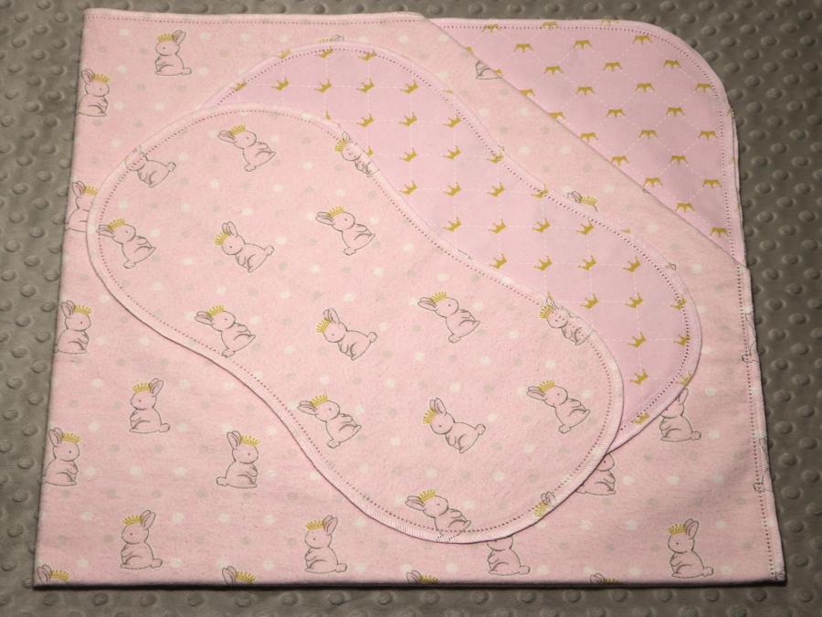Pink Bunny Hemstitched Cotton/Flannel Baby Blanket and (2) Burp Cloths Kit