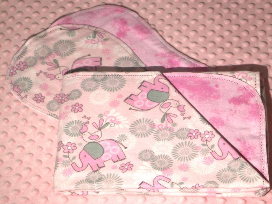 Playful Baby Elephants Hemstitched Flannel Blanket w/(2) Burp Cloths Kit