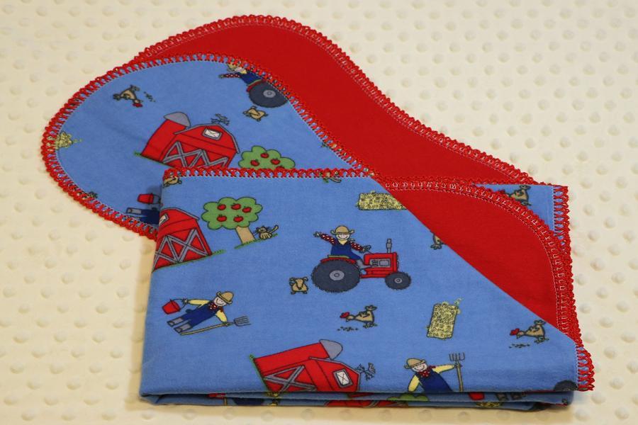 Red Farm Tractor Finished Crochet Edge Flannel Blanket w/(2) Burp Cloths Gift Set