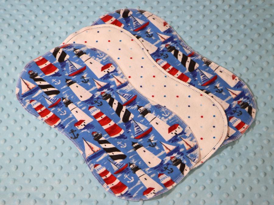 Sailboats And Lighthouses Hemstitched Flannel (3) Piece Burp Cloths Kit