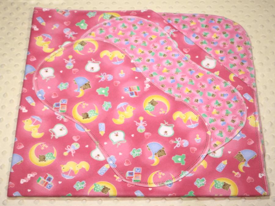 Sleepy Lullaby Bears Pink Hemstitched Flannel Blanket w/(2) Burp Cloths Kit