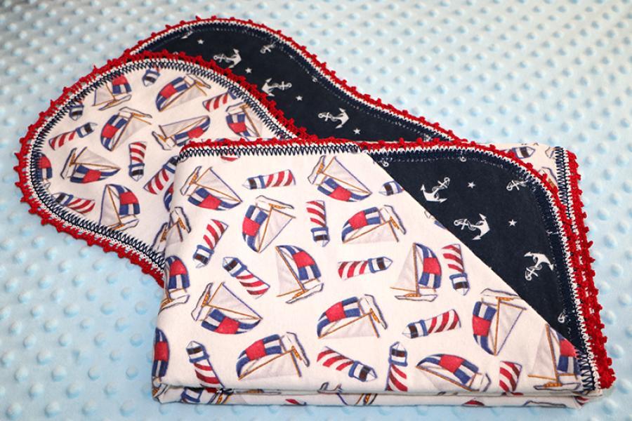 Sail On Finished Crochet Edge Flannel Blanket w/(2) Burp Cloths Gift Set