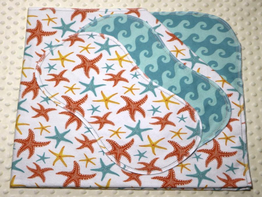 Starfish Wishes Hemstitched Flannel Blanket w/(2) Burp Cloths Kit