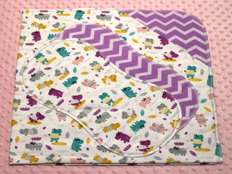 Tossed Hippos Hemstitched Flannel Blanket w/(2) Burp Cloths Kit