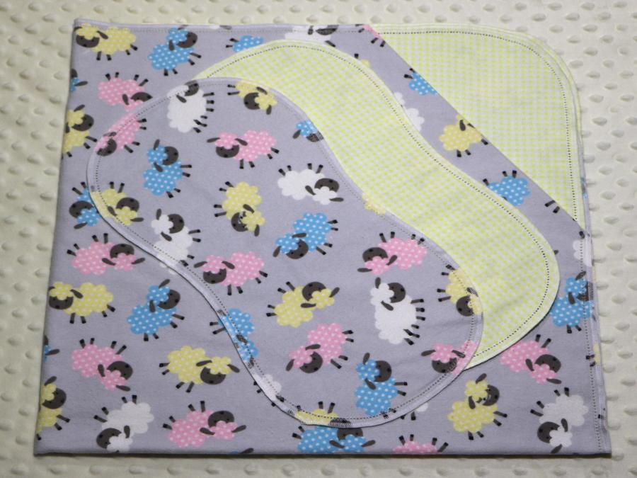 Tossed Lambs Yellow Hemstitched Flannel Blanket w/(2) Burp Cloths Kit